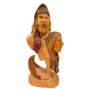 Carved Sculpture Of Two Faces  Viking  Native American Signed Art Handmade